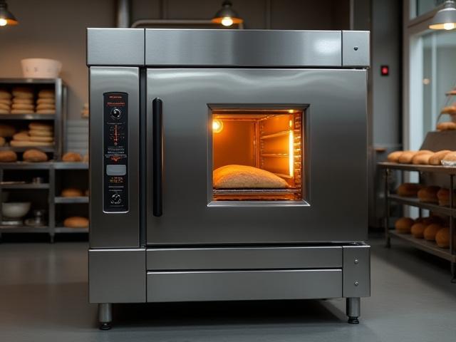 Four à pain professionnel moderne installé dans une boulangerie, avec des finitions en acier inoxydable.