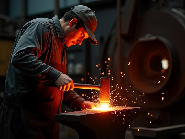Un artisan forgeron travaillant une pièce de métal chaud sur une enclume, étincelles volant.